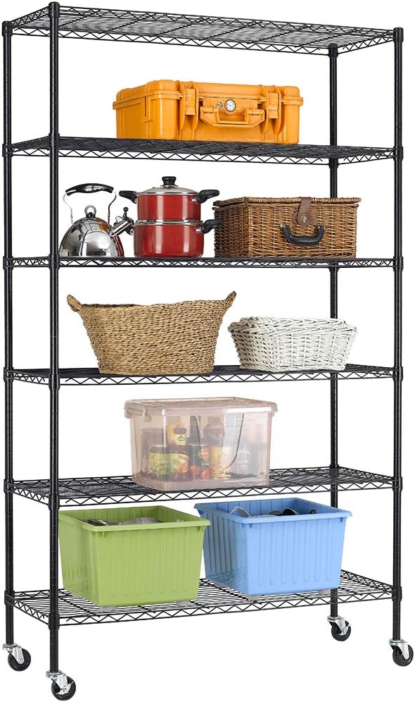 6 Tier Storage Shelves Large Wire Shelving Unit Metal Garage Shelving NSF 82”x48”x18” Heavy Duty Height Adjustable Commercial Grade Utility Steel Rack 2100 LBS Capacity with Wheels,Black