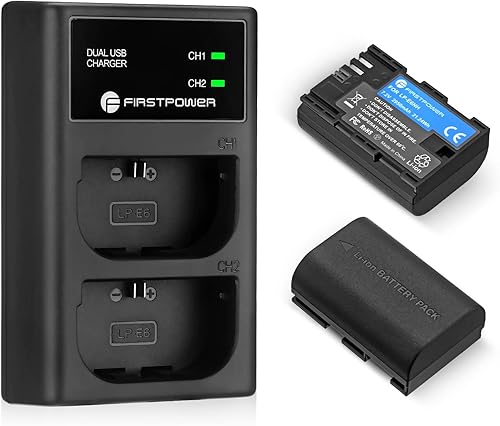 FirstPower Batería LP-E6NH y cargador USB dual para cámaras Canon EOS R R5 R6 R7, 5D Mark II/III/IV, 5DS, 5DS R, 6D, 6D Mark II, 7D, 7D Mark II, 60D