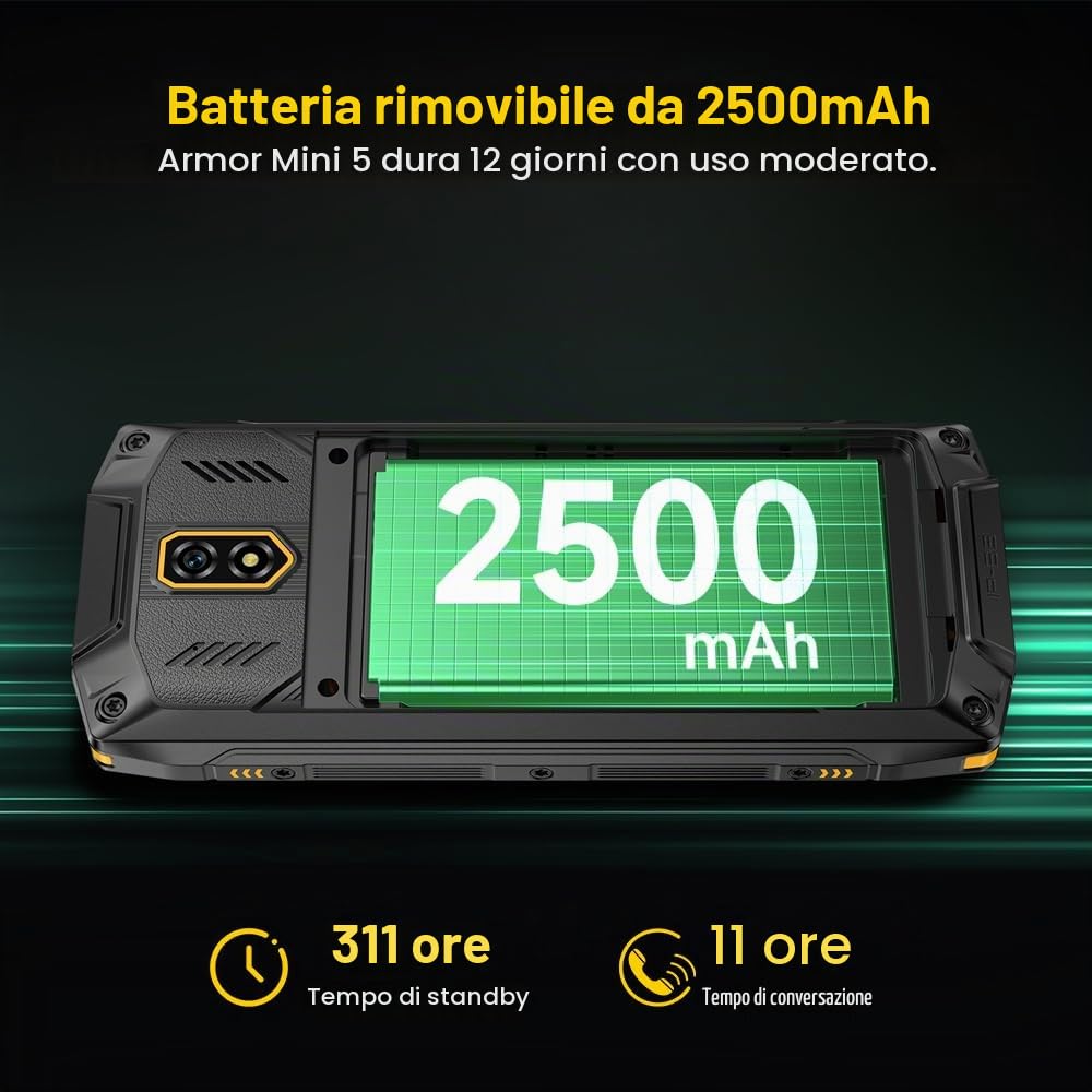 Mini 5 Mini Rugged Smartphone, 2.8 pollici, 4G Dual SIM Telefono Indistruttibile, WhatsApp, 2500mAh Telefono outdoor, Leggero, 3 slot, Jack 3.5 mm/FM/IP68/Telefoni sostitutivi,Nero