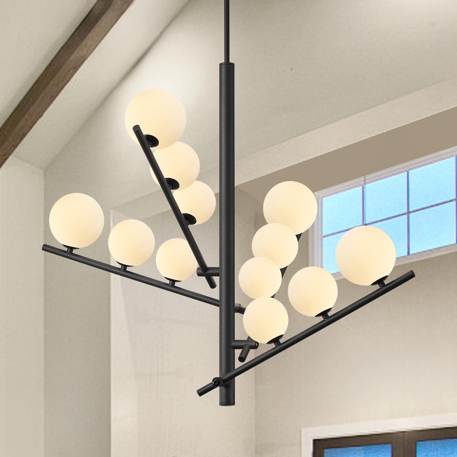 12-Light Milk Glass Ball Chandelier 39'' Large Sputnik Chandelier Adjustable Modern Linear Sputnik Pendant Light Mid-Century Black Pendant Light Fixture for Kitchen Living Room Dining Room