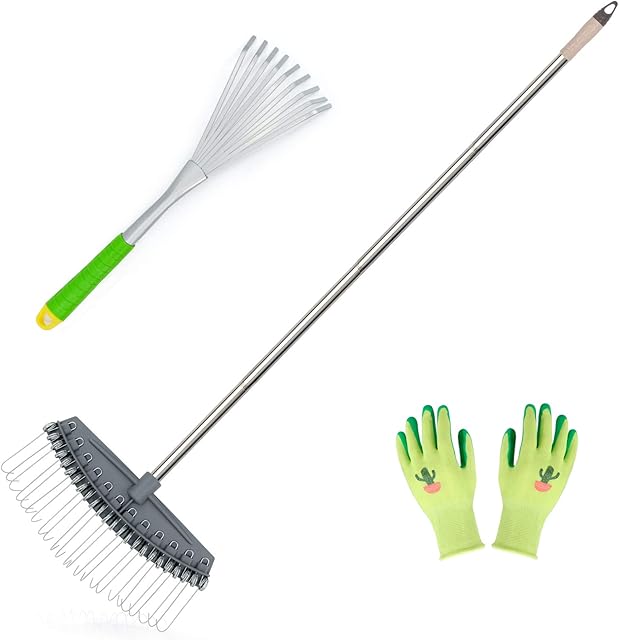 Hortem Garden Rake Set include 64-160cm Yard Thatch Rake Adjustable and 43cm Hand Rake, Lawn Rakes Used for Leaves, Thatch, Gravel
