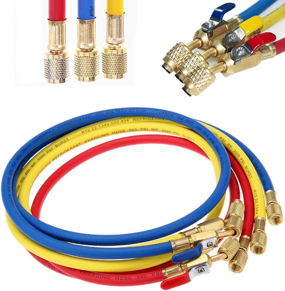 LIYYOOTopSpareParts Refrigerant Charging Hoses with Ball Valve - 60" R134A R12 R22 R502 R404 Compatible, 1/4" Thread 3-Pack Red/Yellow/Blue