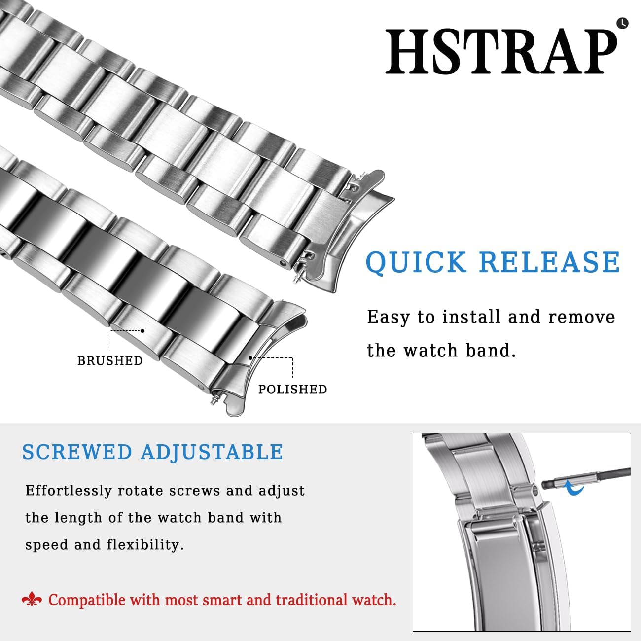 20mm 22mm Stainless Steel Watch Band with Solid Diving Clasp, Screw-In Metal Quick Release Jubilee Watch Bands Bracelet Silver Polished Matte Brushed Watch Strap for Men Women