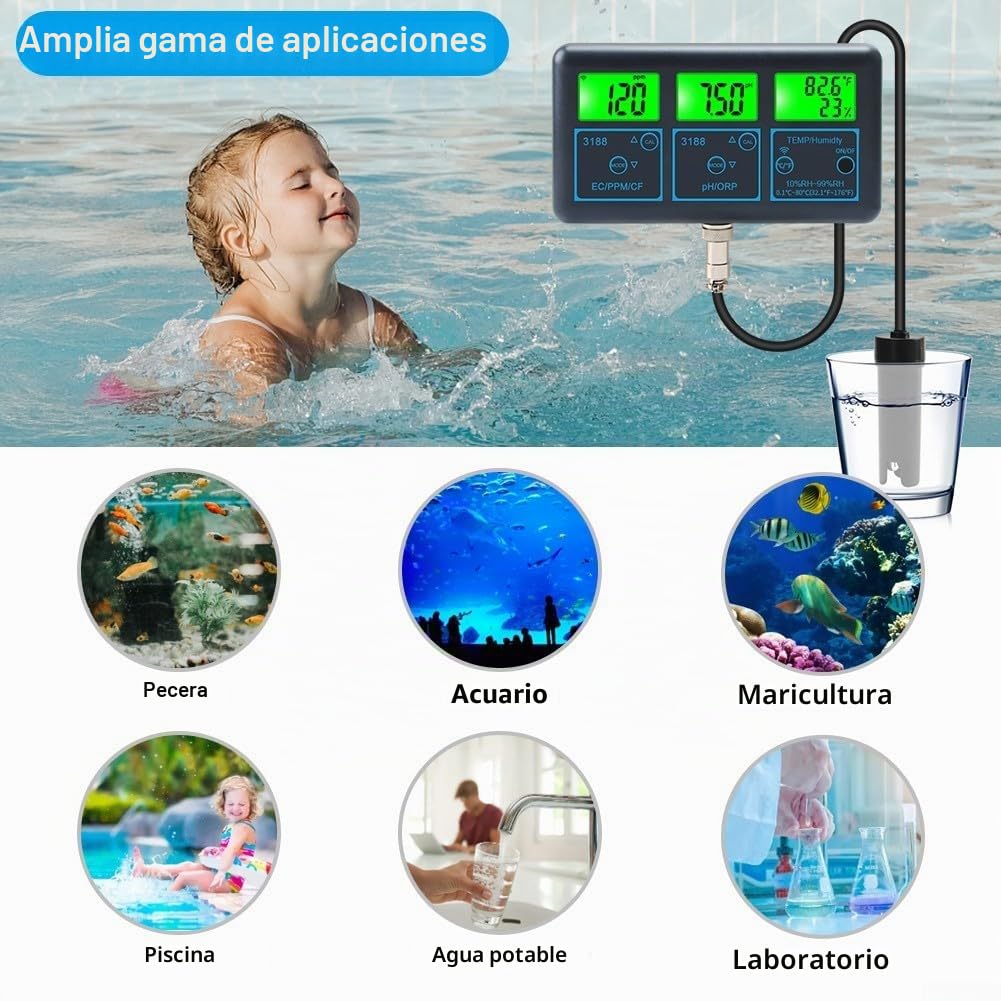 Analizador de calidad del agua 7 en 1 para piscina con cloro residual, pH, ORP, sal, temperatura, WiFi compatible con Tuya, funcionamiento por enchufe, sondas de alta precisión para piscina (UE)