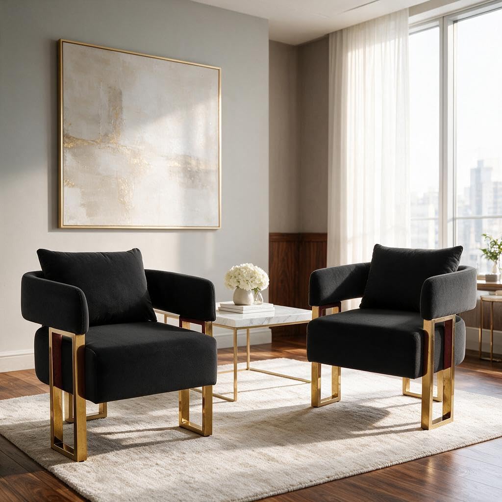 YITAI Modern Accent Chairs no Wheels, Living Room Side Chairs Set of 2 with Golden Metal Legs, Barrel Soft Upholstered Reading Armchairs for OfficeReception RoomBedroomLounge,Velvet Black