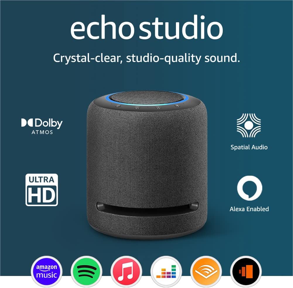Echo Studio (Newest gen) | Our best-sounding Wi-Fi and Bluetooth smart speaker ever | Dolby Atmos, spatial audio, smart home hub and Alexa | Charcoal