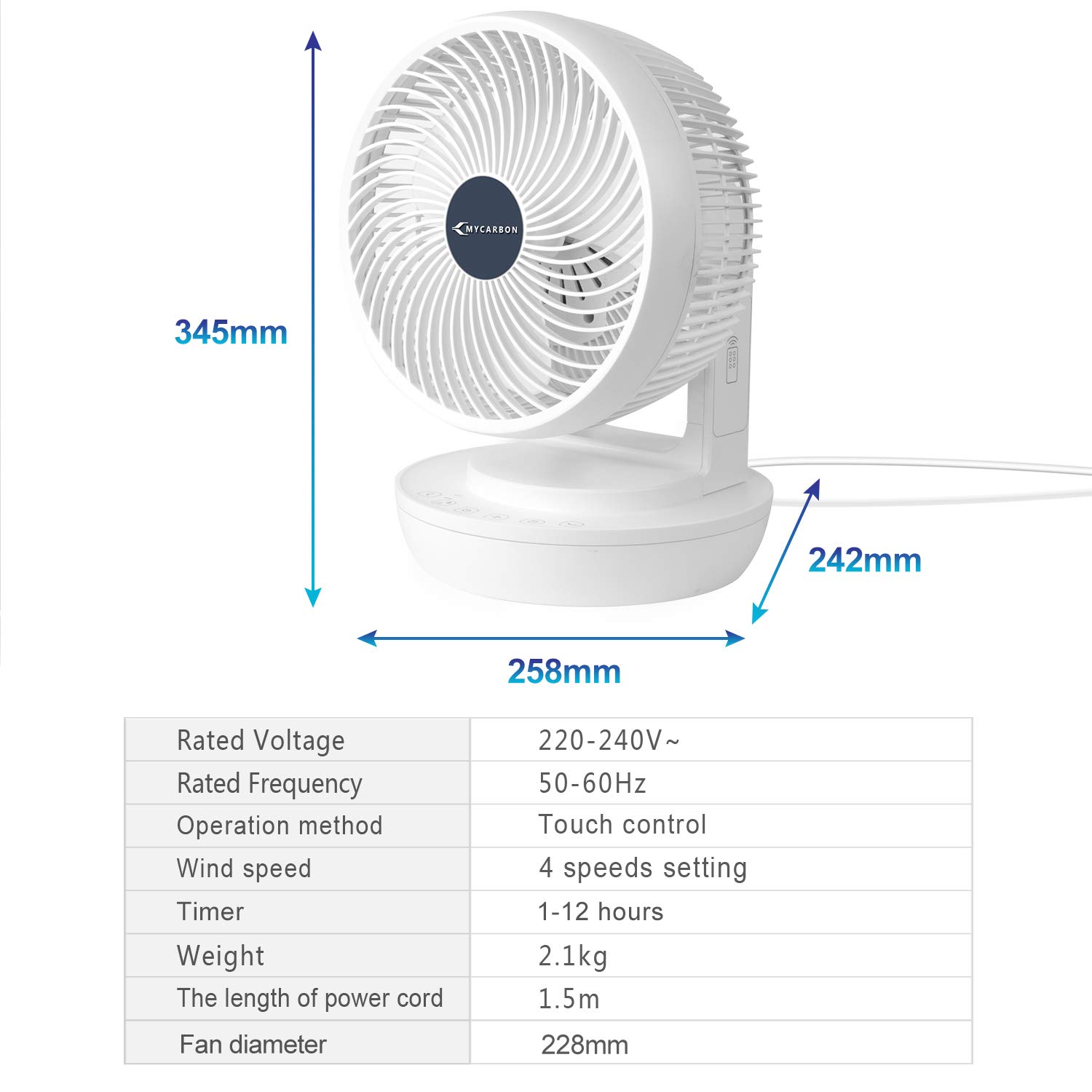 MYCARBON Ventilador Silencioso con Control Remoto 1800 m³/h Turbo Power | Ventilador de Mesa 4 Velocidades, Temporizador 12h, 3D Oscilación, Circulación del Aire para Oficina Dormitorio Estudiar
