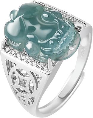 Blue Pixiu Jade Rings for Women Men, Handmade Natural Stone Adjustable Open Eternity Ring
