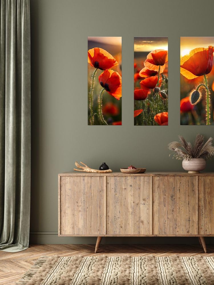 artissimo, Glasbild, 30x80cm, AG5472A, Natur und Blumen: Mohn-Feld II, Bild aus Glas, Wandbild Wonzimmer modern, schmal hoch, Mohnblüten, Mohnblumen, rot