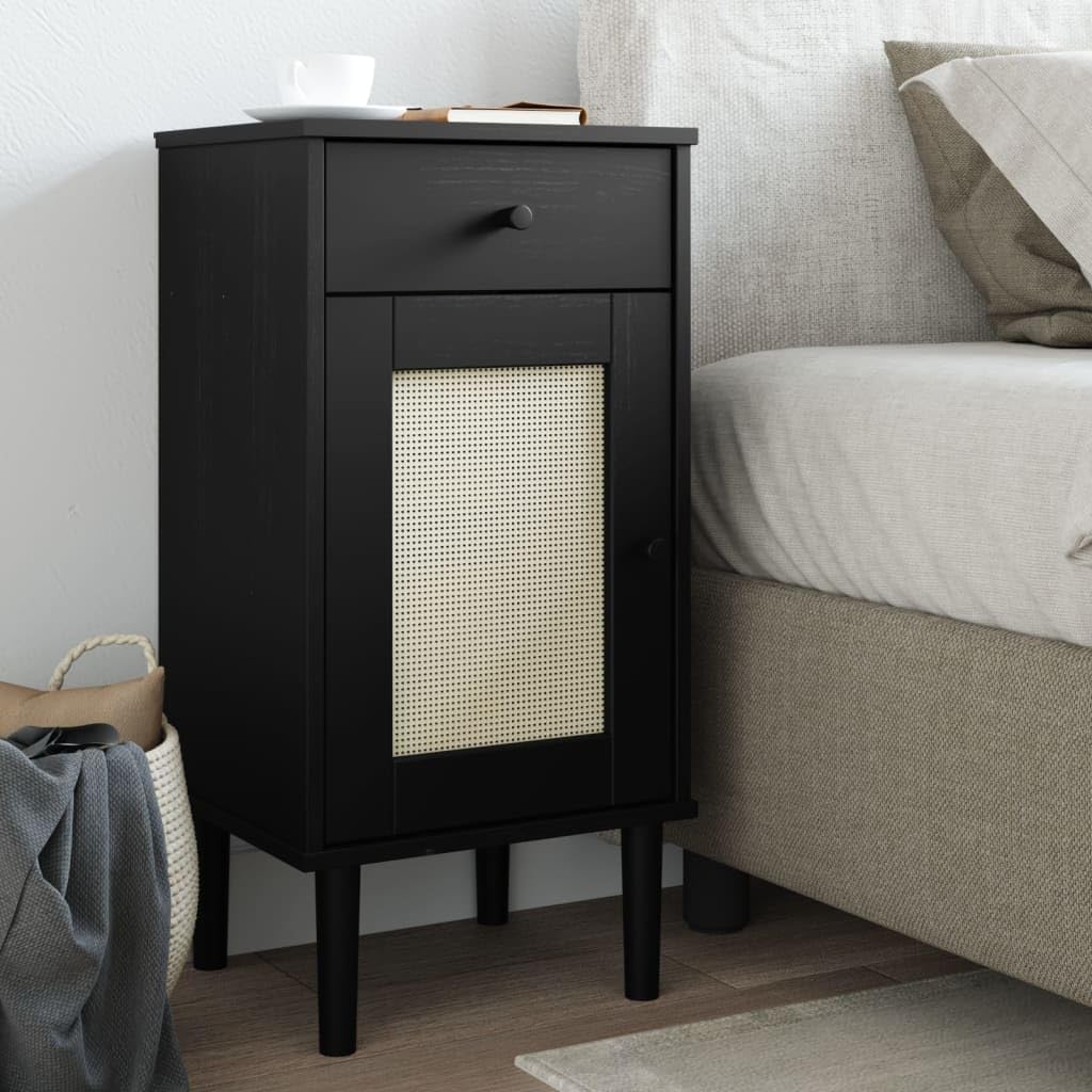 Bedside Cabinet SENJA Rattan Look Black 15.7"x13.8"x31.5" Solid Wood Pine Bedroom Table