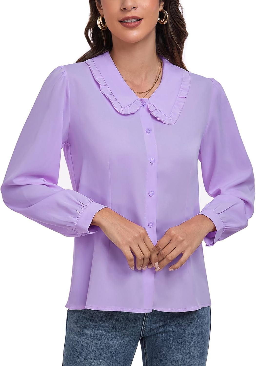 MINTLIMIT Women's Peter Pan Collar Shirt Long Sleeve Vintage Blouses Casual Work Button Down Shirts - Image 3