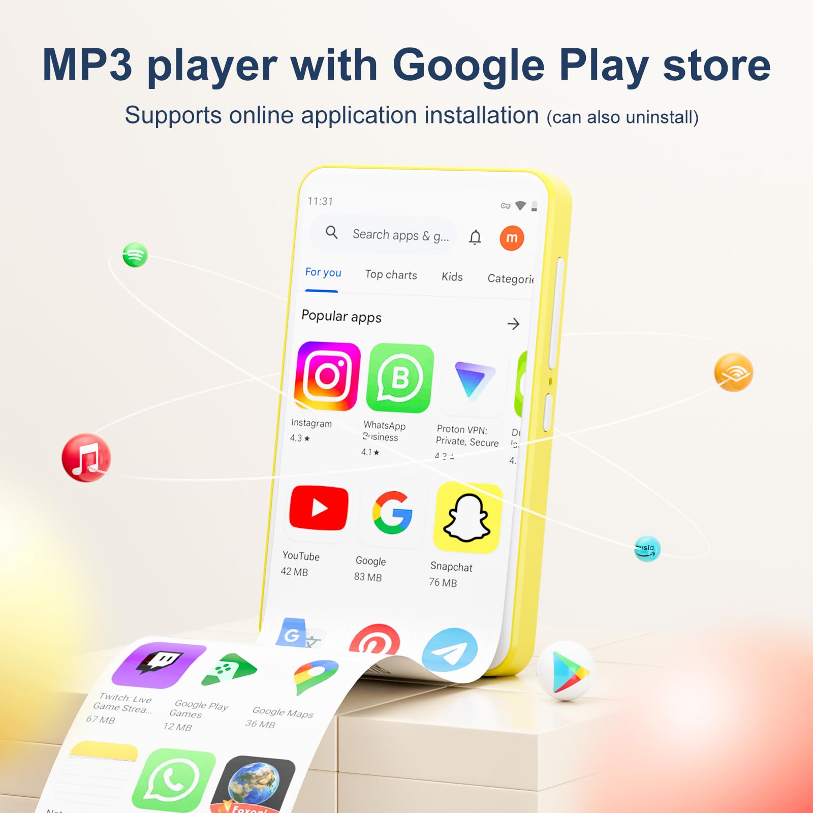 Lecteur MP3 avec Bluetooth et WiFi, Oilsky 80GB 4'' 1080P Lecteur MP4 à écran Tactile, Android 9.0, Lecteur MP3 Portable avec Spotify, Audible, Deezer (Jaune)