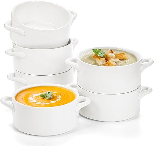 SOUJOY Paquete de 6 cuencos de sopa de cebolla francesa, cuencos de porcelana de 22 onzas con asas, aptos para horno para sopa, cereales, frío,