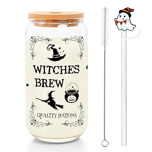 ZJKUBOIS Halloween Trinkbecher Glas, Trinkglas mit Deckel und Strohhalm 16OZ,Glas mit Halloween Motiv, Hexe Becher Gläser für Frauen Halloweens Thanksgiving Party Geburtstag Geschenk