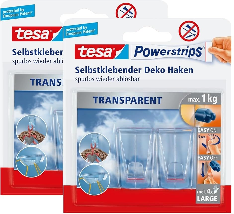 tesa 58813-00002-00 Pack mit 2 Haken (XL-Format) und 4 Powerstrip-Klebestreifen, transparent (2er Pack)