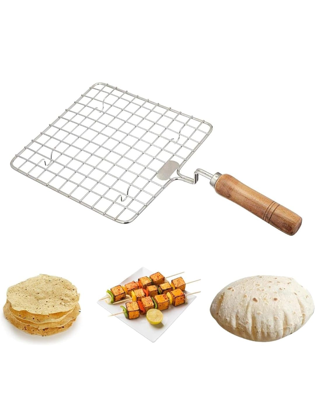 Baingan Bharta Roaster Paneer Tikka Grill Corn Bhutta Roaster Roti Sekne Wala Jali Barbecue Net for Gas Toast Griller Cooling Rack Chapati Grill Grilling Basket with Wooden Handle, Stainless Steel,-image-20