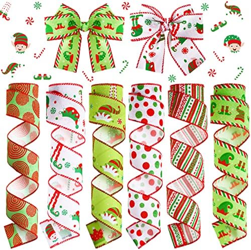 6 Rolls 30 Yards Christmas Wired Edge Ribbon Elf Hats And Legs Multi Dots Swirl Diagonal Stripe Ribbon Home Party Bows Decor For Xmas Tree Wreath Gift...
