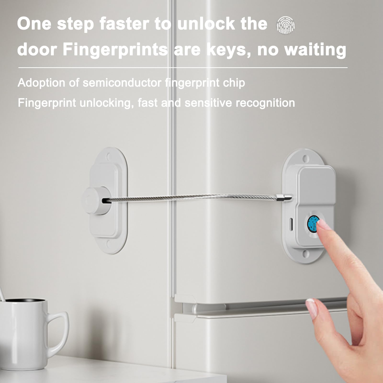 Serratura per frigorifero con impronte digitali, per frigorifero, serrature per armadi, cassetti, lavastoviglie, WC e armadietti, a prova di bambini, adesivo 3M, senza fori (bianco)