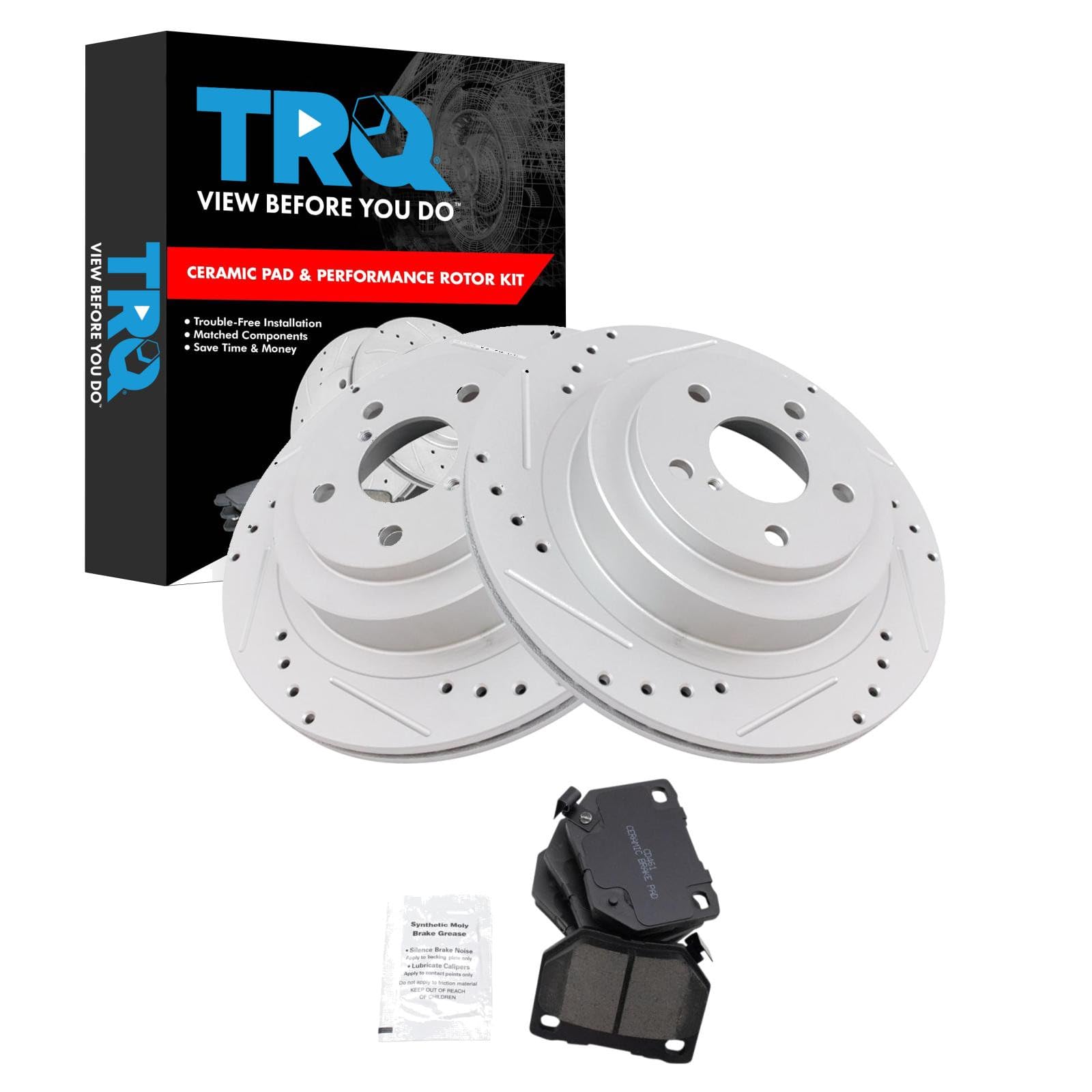 TRQ Performance Rear Brake Pad and Rotor Set Ceramic Coated Drilled Slotted Rotors Compatible with 2006-2007 Subaru Impreza