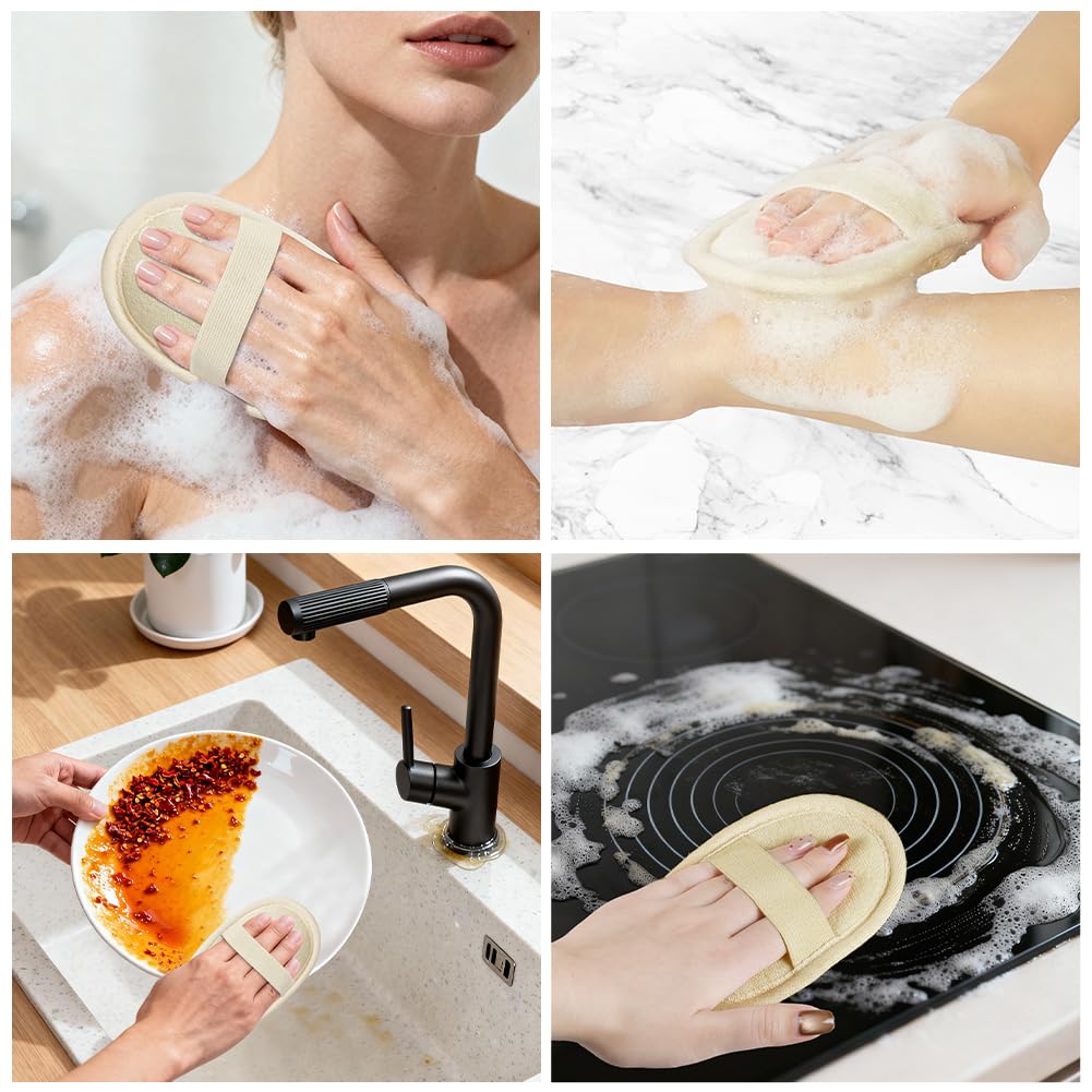 AOOWU Éponge Loofah Naturel, 4PCS éponges naturelles exfoliantes pour le corps, sangle de bain en luffa avec coussinet éponge Luffa, Loofah Back Scrubber pour Spa, Cuisine, Visage Corps, le Bain