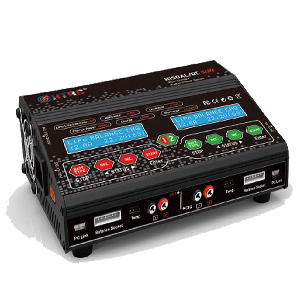 Фронт view of HTRC H150 Duo charger showing dual LCD displays and control buttons