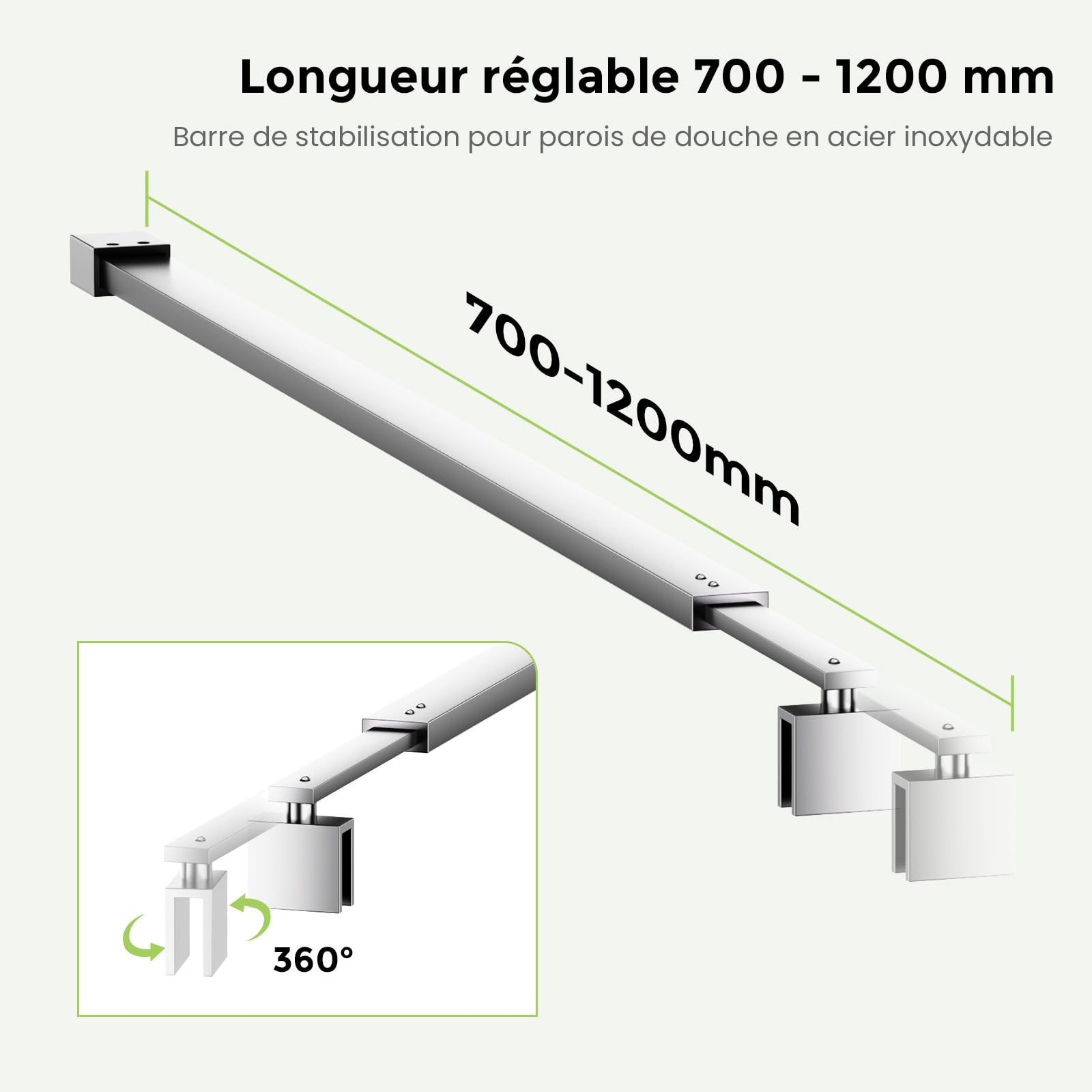S'AFIELINA Barre de stabilisation, Barre de support pour parois de douche, Angulaire, Flexible, Réglable 700-1200 mm, Stabilisateur pour verre d'épaisseur 8-10 mm (2 pièce)