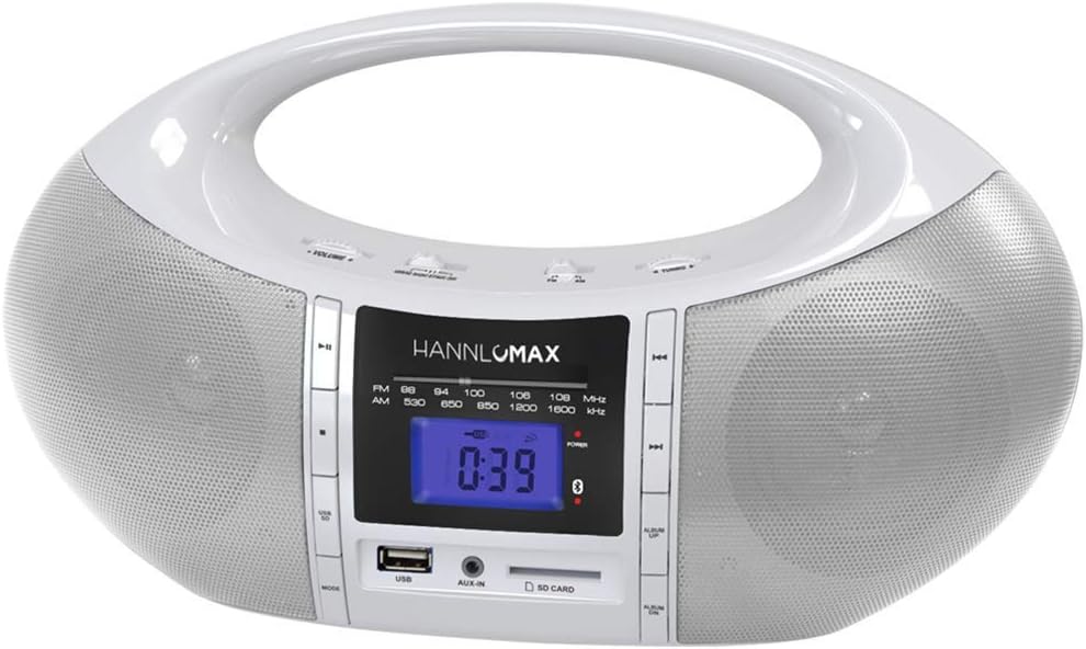 HANNLOMAX HX-506R Portable AM/FM Radio, Bluetooth, USB/SD Slot for MP3 Playback, Aux-in, AC/DC Dual Power Source. (White)