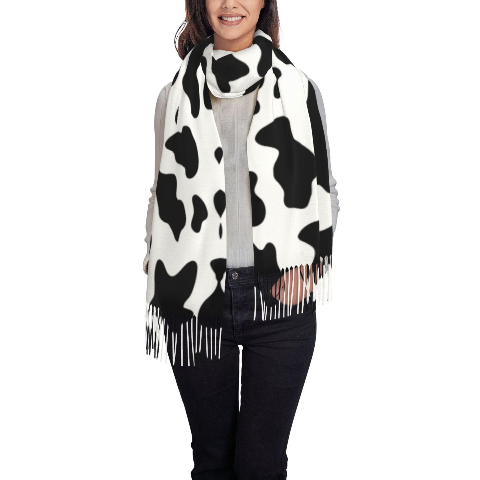 TTIGLHOH Black And White Cow Print Printing Elegant Winter Warm Tassel Scarf With Cashmere Like Texture Matches Coats Suits