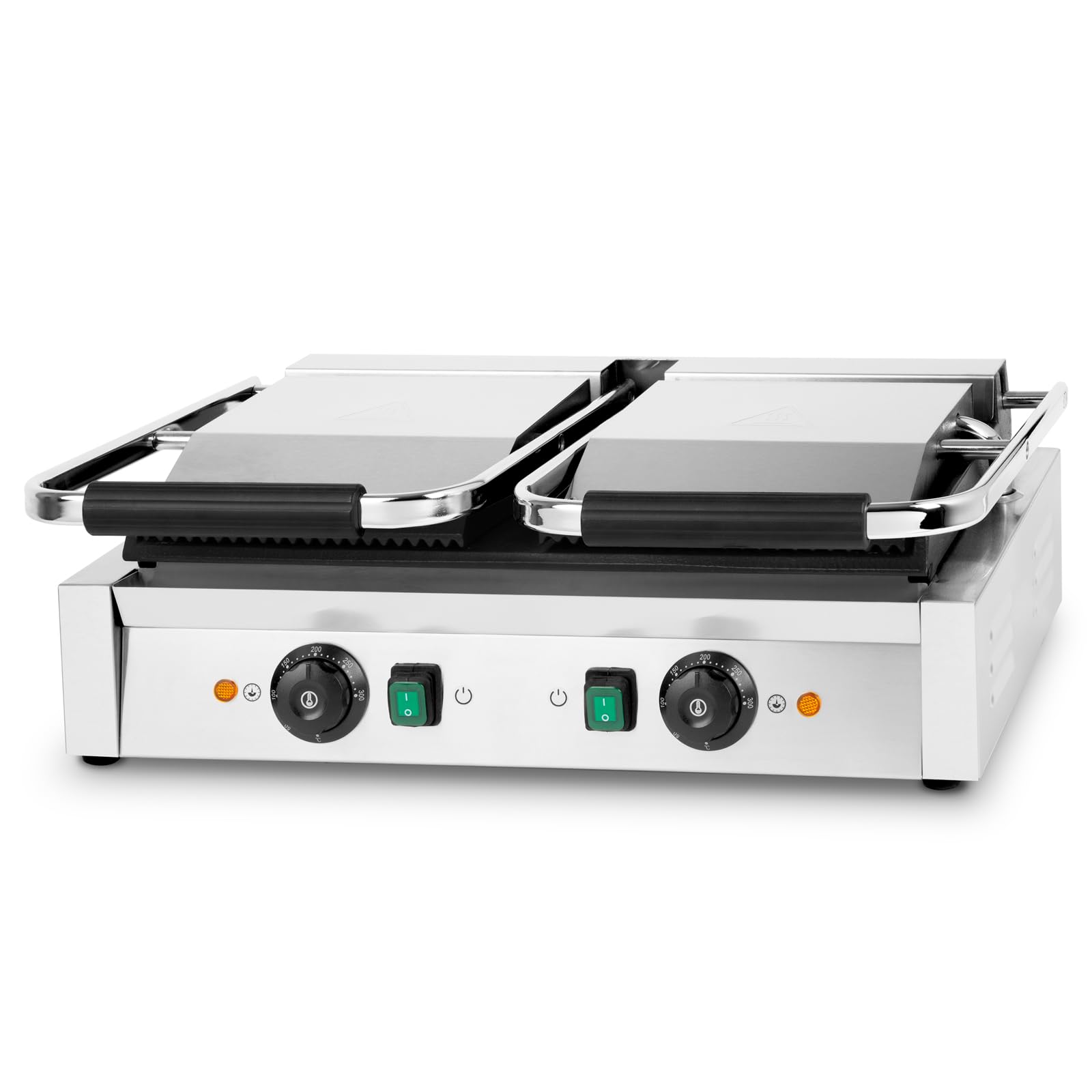 VERTES Kontaktgrill doppelt, Gusseisen Grillplatte oben gerillt/unten flach, 3600 W Gastro Multigrill für Fladenbrot, Fleisch, Gemüse, Sandwich, Edelstahlgehäuse, regelbar 0-300°C, teflonbeschichtet