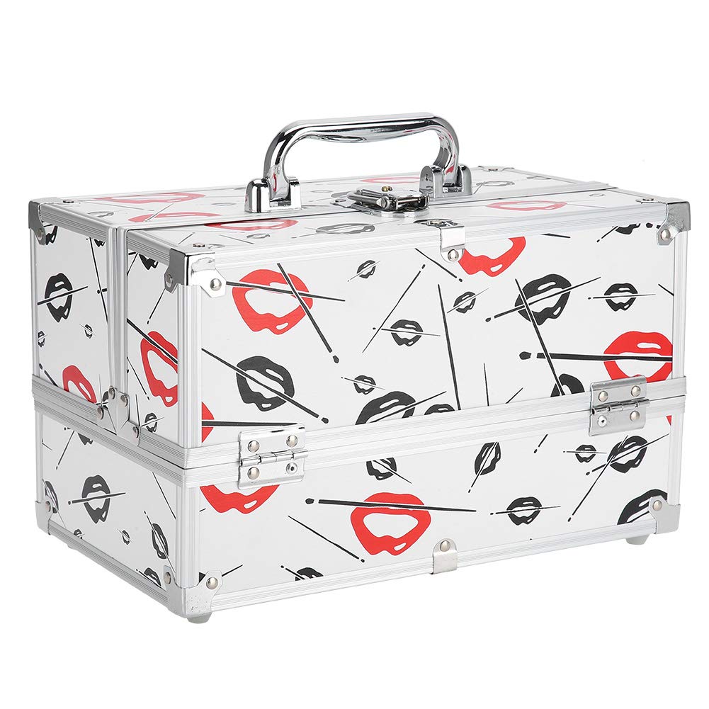 Jiawu Scatola Porta Cosmetici Portatile con Manico, Custodia Organizer per Trucco Donna di Grande capacità - Pelle PU e Alluminio, Custodia Multilivello per Gioielli, Resistente Alla Ruggine, 3