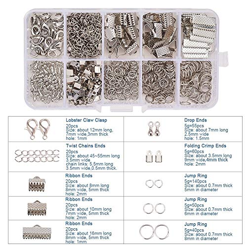 PandaHall Elite About 440 Pcs Jewelry Finding Kits with Ribbon Clamp End, Jump Ring, Fold Over Cord Ends, Lobster Claw Clasps, Extender Chain, Drop Ends for Jewelry Making Platinum