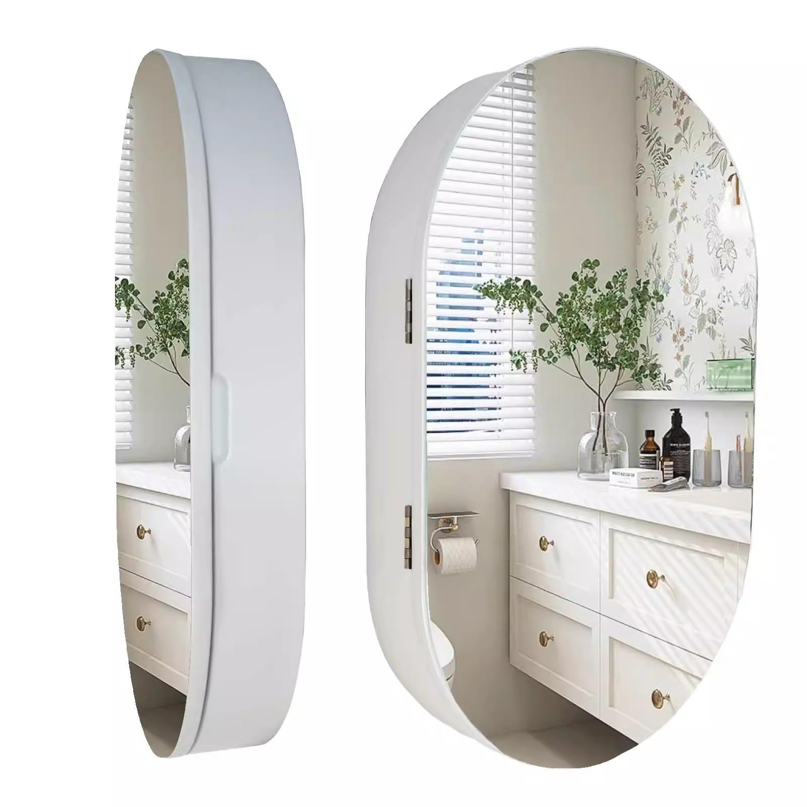 Grand Miroir Mural Ovale Avec étagère Amovible, Cadre Bois Noyer, 18x36 Pouces - Style Ferme