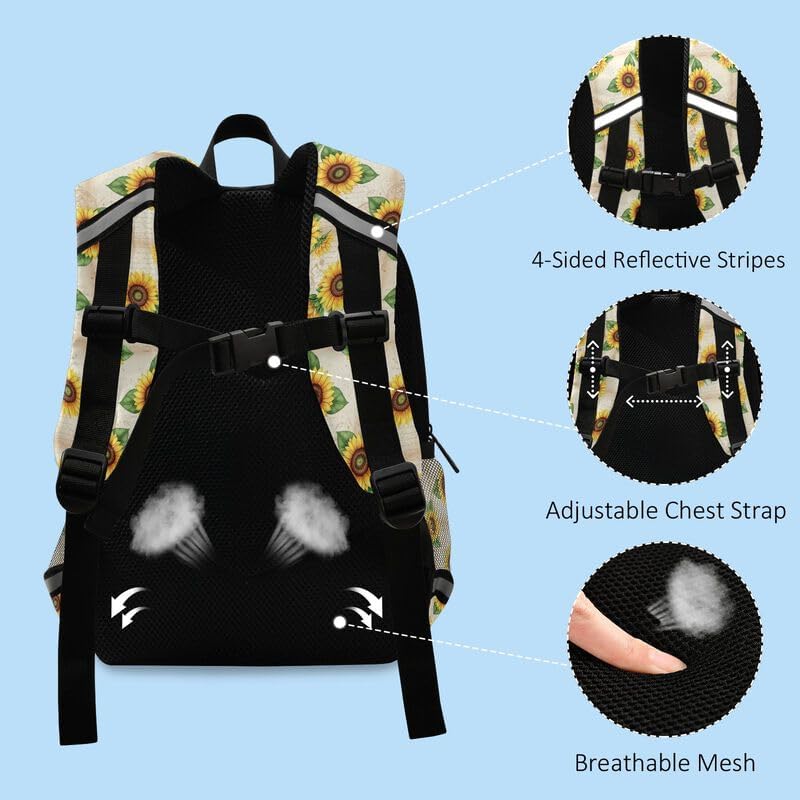 QUGRL Sunflower Vintage Toddler Backpack for Boys Girls Summer Kids School Backpack with Chest Strap Leash Preschool Schoolbag Nursery Kindergarten Bag for Daycare Travel Hiking School