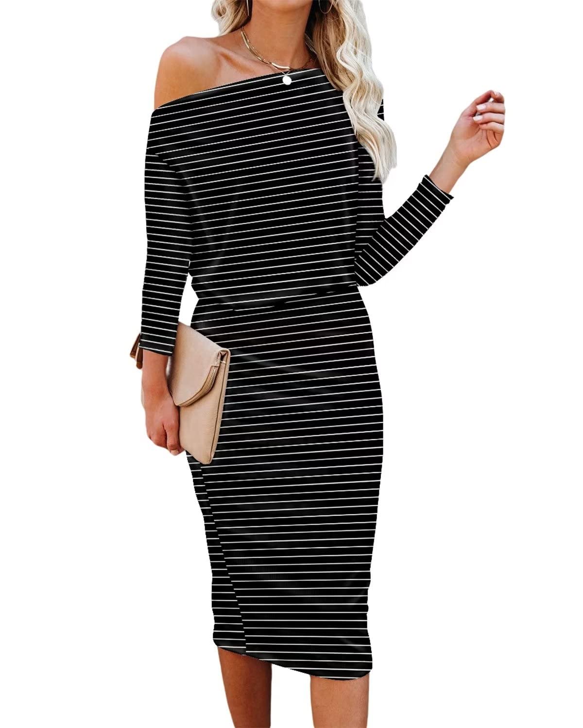 Ezbelle Women's Off The Shoulder 3/4 Sleeve Batwing HIPS-Wrap Pencil Party Sexy Bodycon Midi Dress Loose