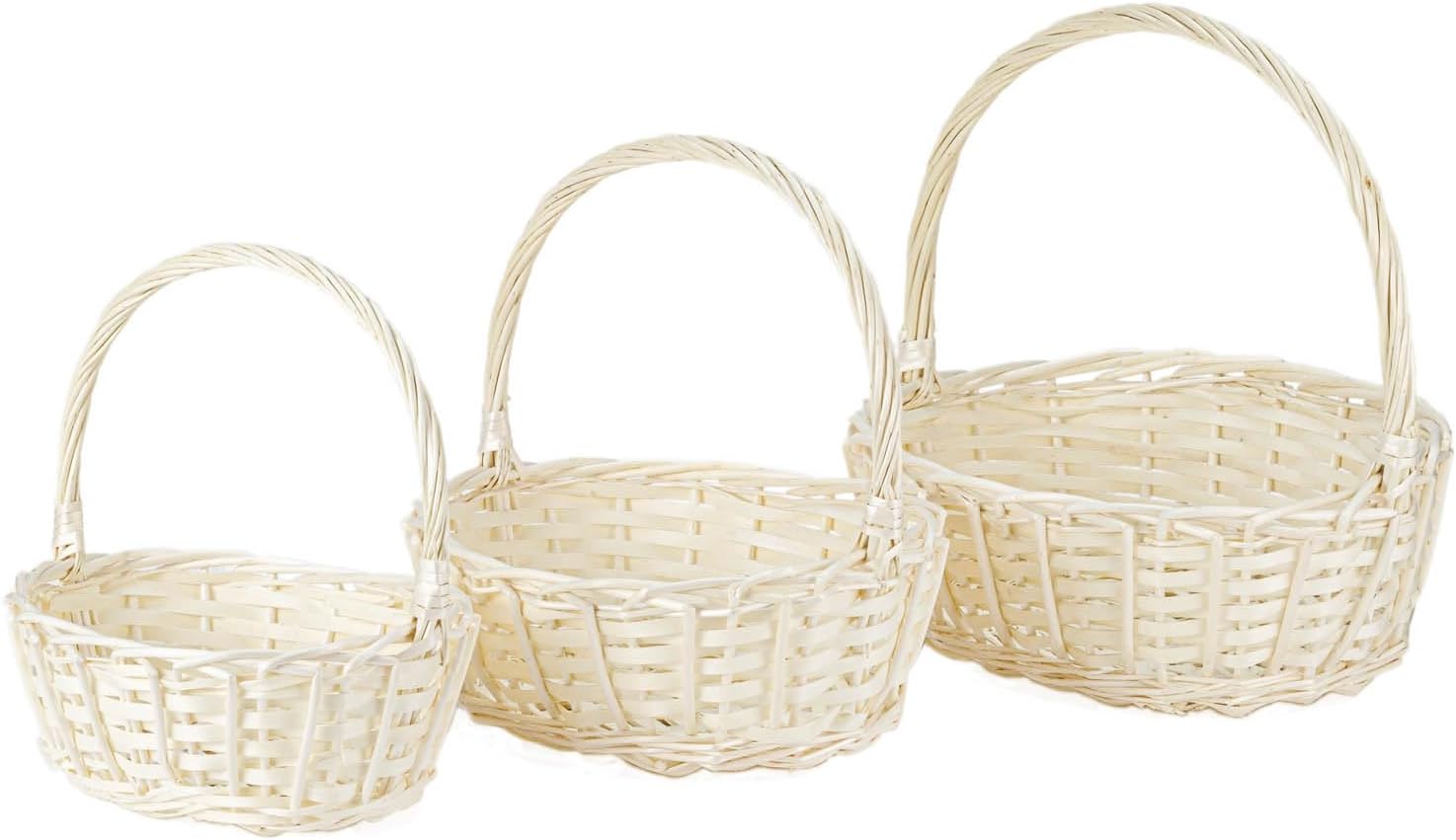 THY Collectibles Set of 3 Hand Woven Wicker Rattan Flower Baskets with Handle - Light Harvest Baskets for Storage, Gift Baskets, Picnics, Easter Eggs, Organizing, Weddings, Markets, and More (Oval)