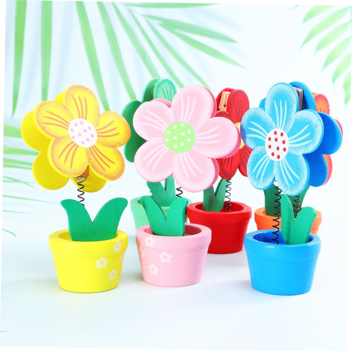 OUNONA Flower Pot Memo Clip Holders 6pcs Wooden Flower-Shaped Photo Holders for Table Decoration Assorted Colors for Weddings Parties and Home Decor