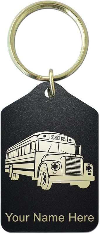 Keychain, School Bus, Personalized Engraving Included Black Metal