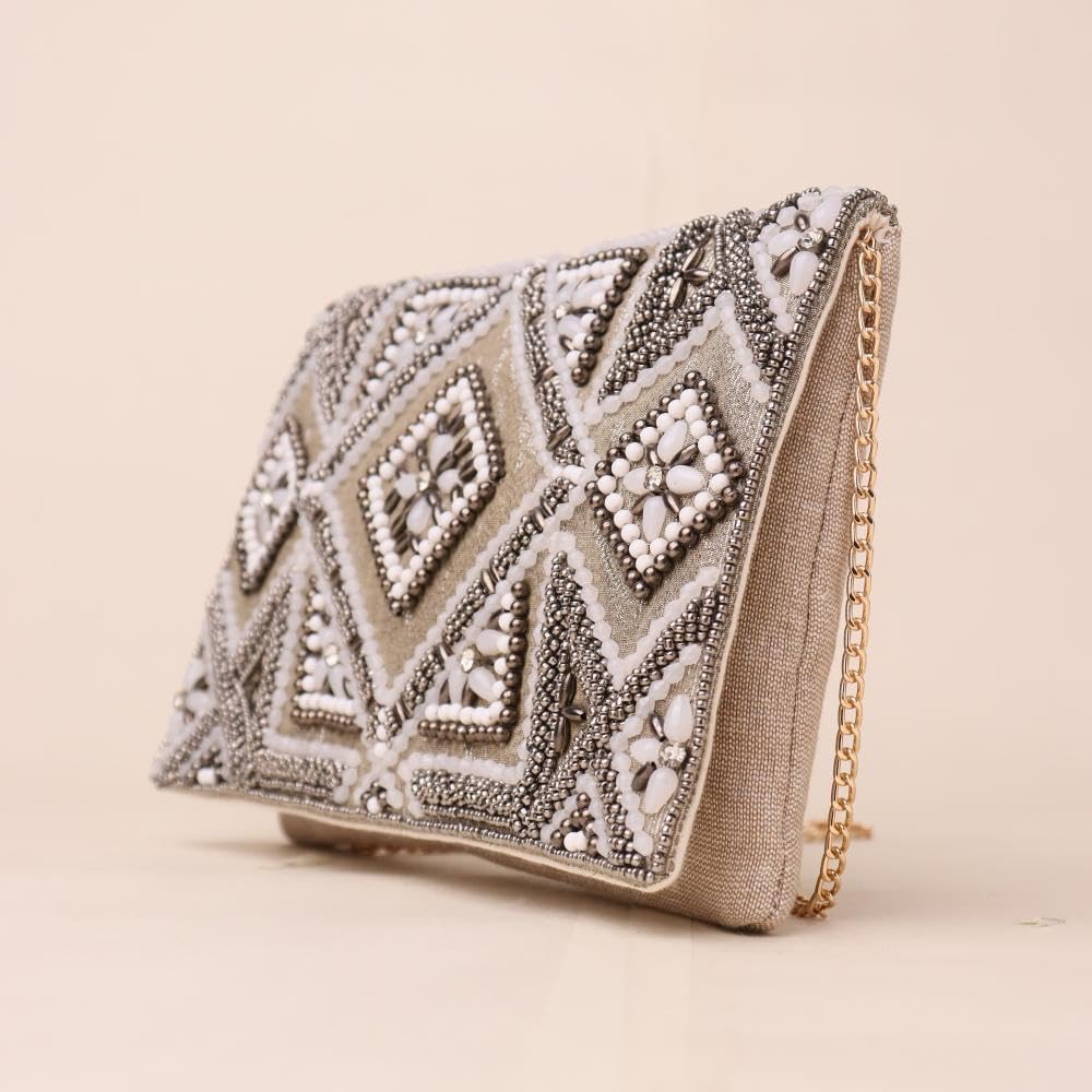 Indian Shelf Handmade Silver Sling Bag & Clutch – Beads and Cotton | Ethnic, Beaded, Party Wear, Bridal, Designer, Festive, Gift Purse for Women