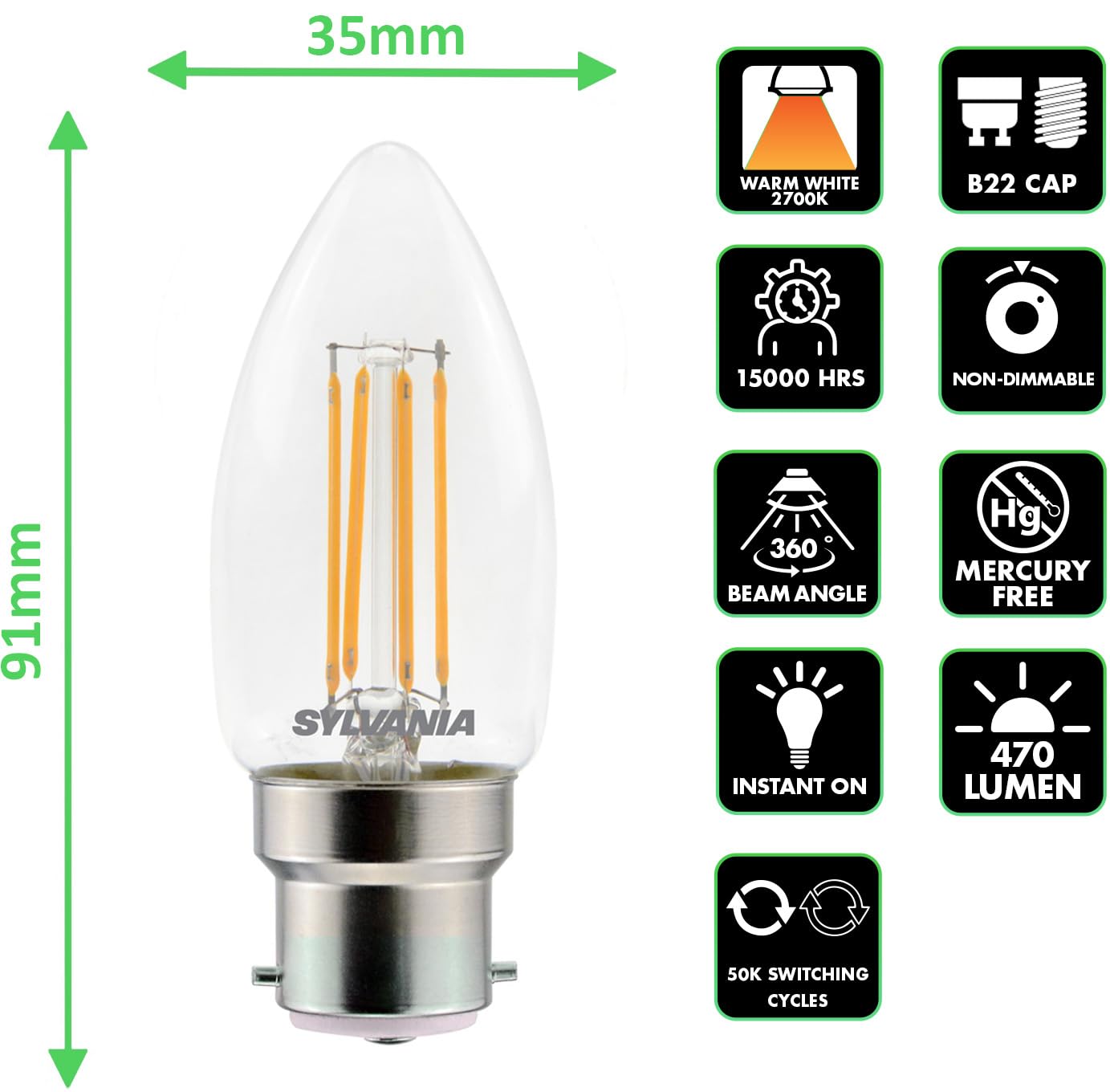 SYLVANIA Candle Clear Filament LED Light Bulbs, B22, 4.5W, 470 Lumens, 40W Equivalent, Warm White 2700K - 6 Pack - Image 2