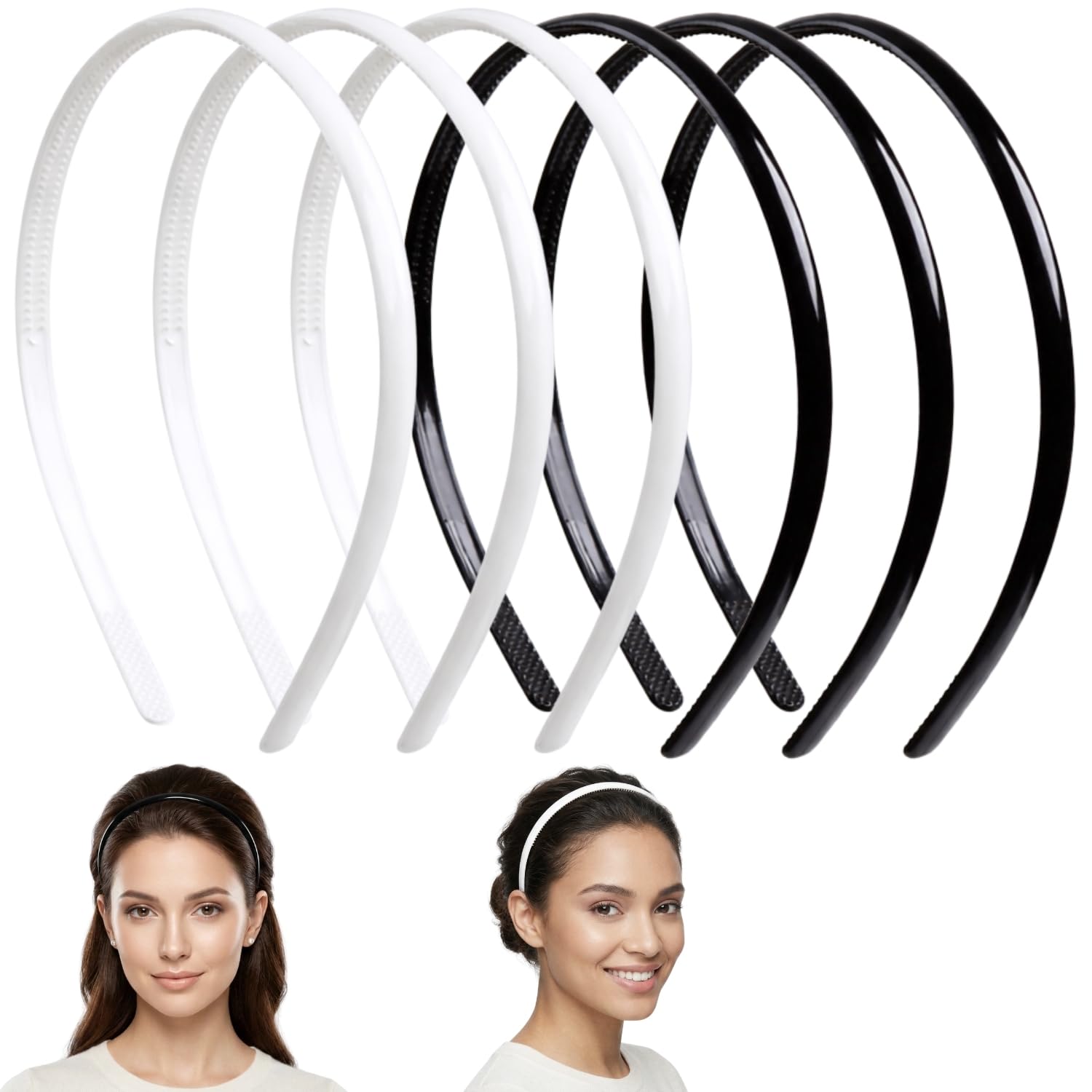 Plastic Hair Comb Headbands Pack of 6 Flexible Teeth Black & White Gloss Hair Bands for Women & Girls-image-36