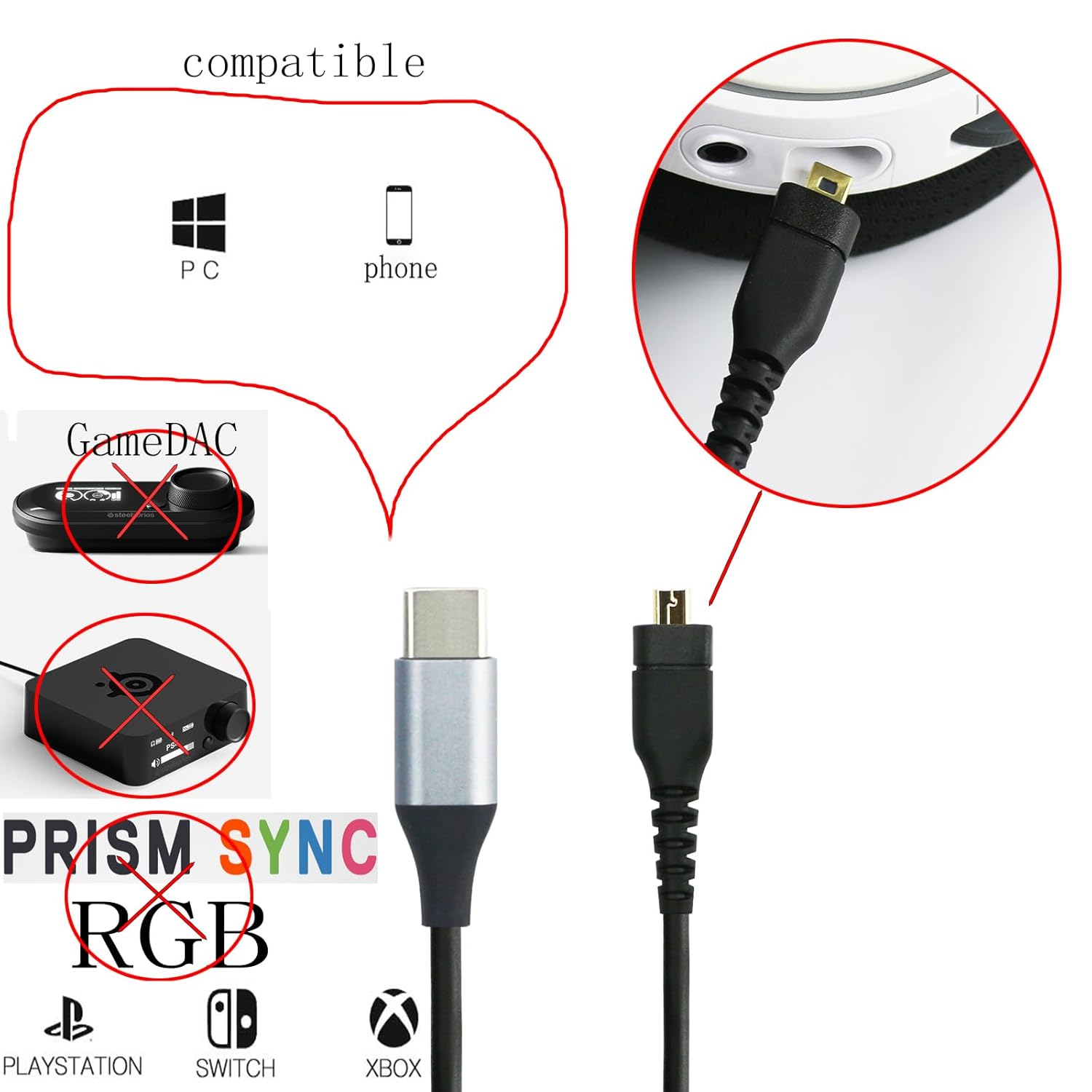 NewFantasia USB C Cable Replacement Audio Cable Compatible with SteelSeries Arctis 3, 5, 7, Prime, Pro Gaming Headset 2.1meters/6.7feet - Image 4
