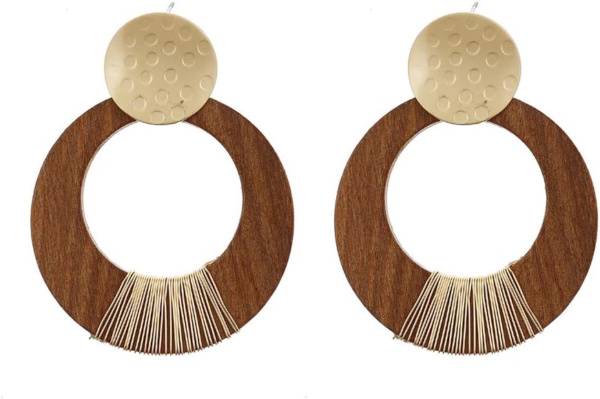 lureme Geometric Wooden Dangle Earrings for Women Girls Gold Round Wooden Earrings (er006315)