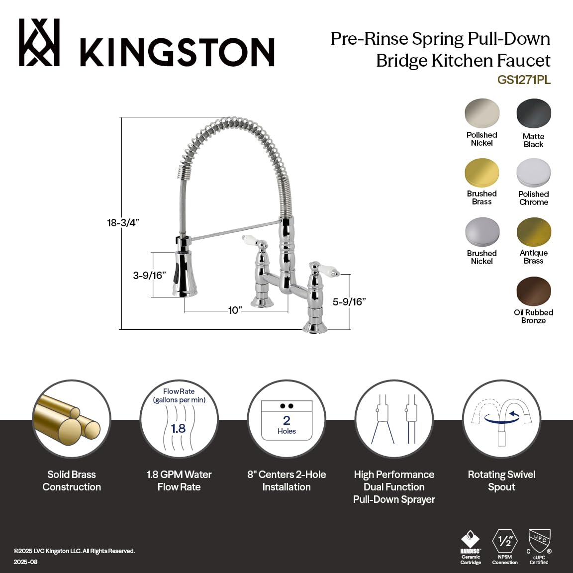Kingston Brass GS1273PL Heritage Two-Handle Deck-Mount Pull-Down Sprayer Kitchen Faucet, Antique Brass