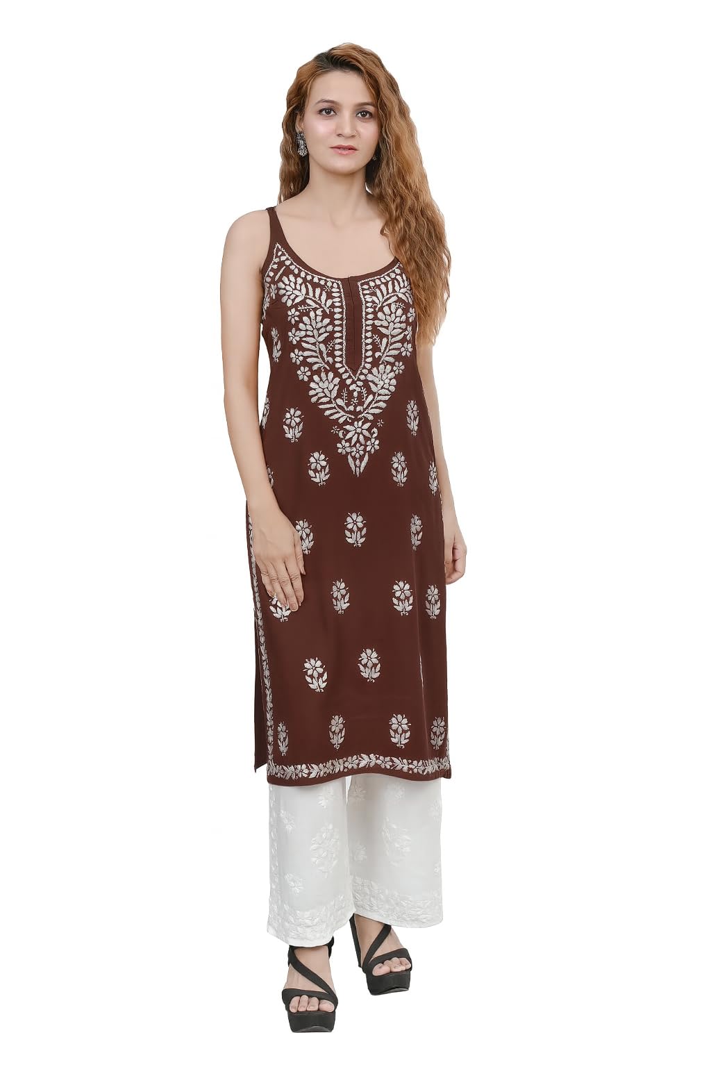 ms chikan arts Women's Rayon Sleeveless Lucknowi Chikankari Hand Work Round Neck Kurti-picture-17