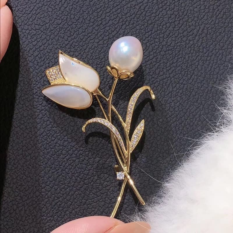 Broches de fleurs de tulipes blanches avec strass et perles anti-chute
