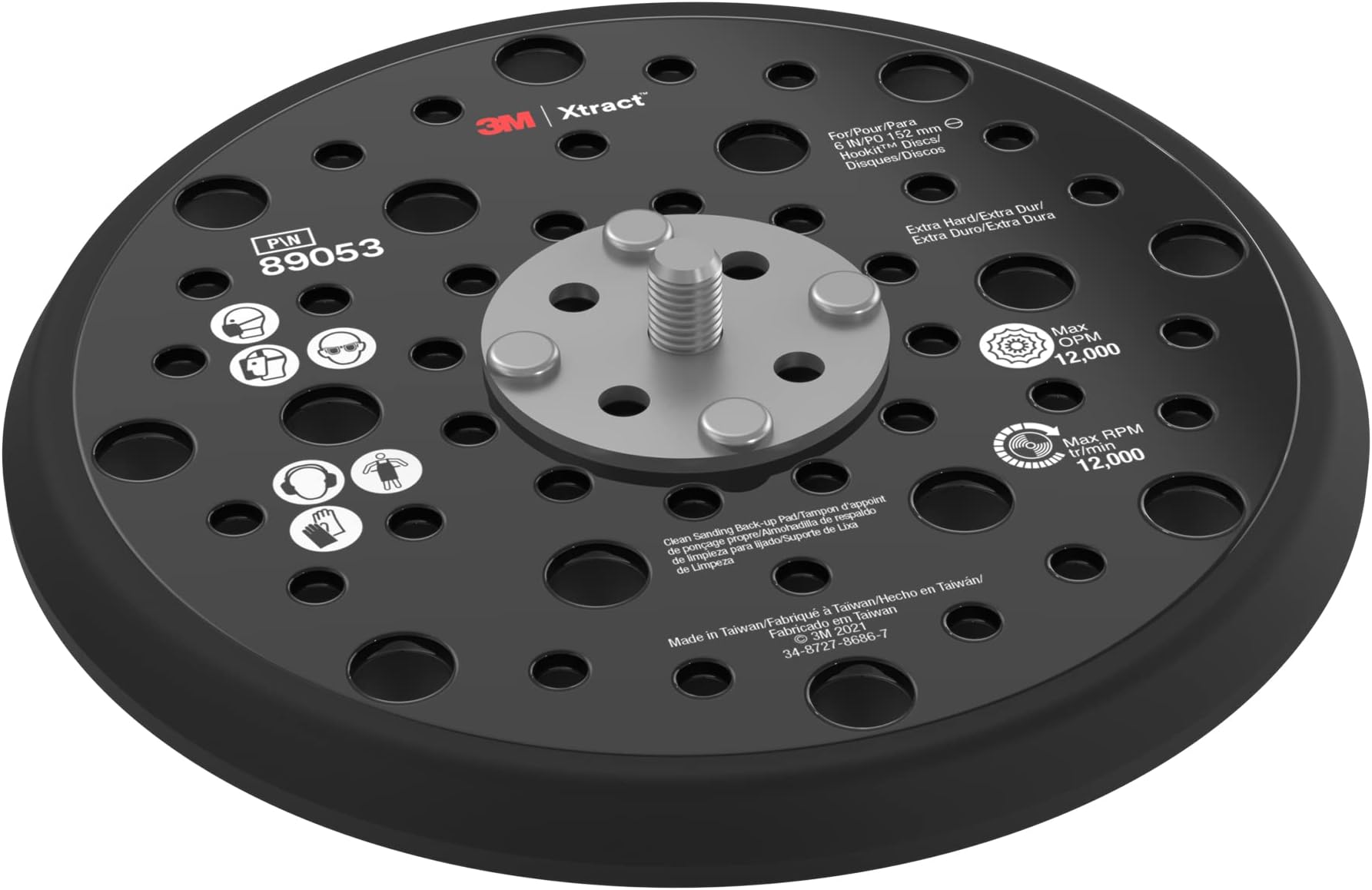 3MXtract Hookit Hook and Loop Sanding Disc Backup Pad, 89053, 6 in, Max 12,000 RPM OPM, Extra Hard, 49 Holes, Low Profile Finishing Disc Pad, 5/16-24 EXT