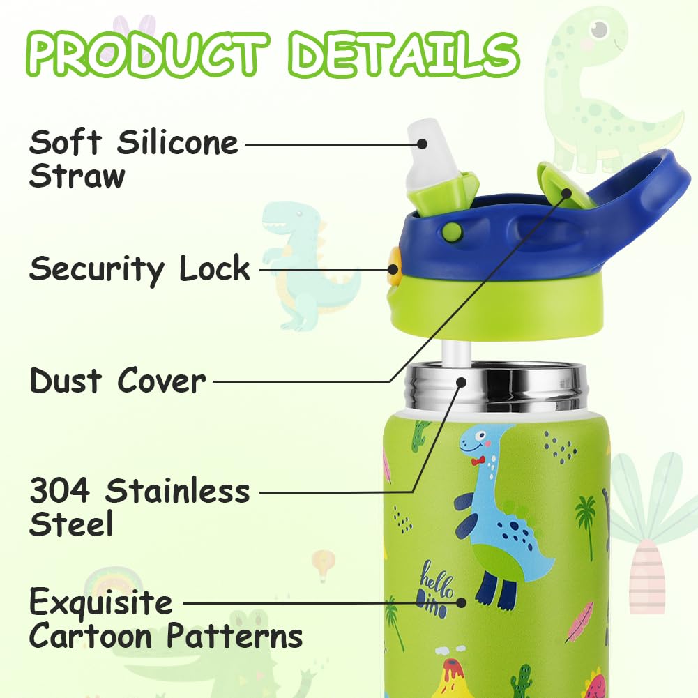 flintronic 350ml/12oz Kids Water Bottle Stainless Steel with Straw, Vacuum Insulated Water Bottles, BPA Free, Flip Sports Water Bottle,Metal Leakproof Small Flask for Boys Girls Toddler Children - Image 3