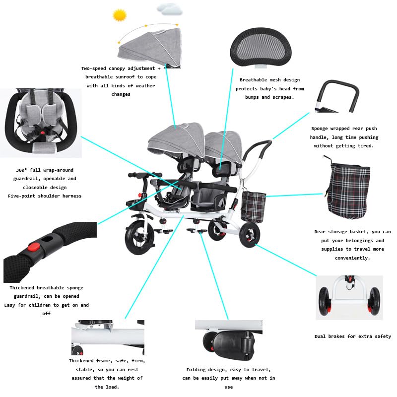 Miniatura 6 de Triciclo para niños, 4 en 1, triciclo para niños, con asa extraíble, toldo plegable, asiento giratorio, con canasta de almacenamiento, arnés de