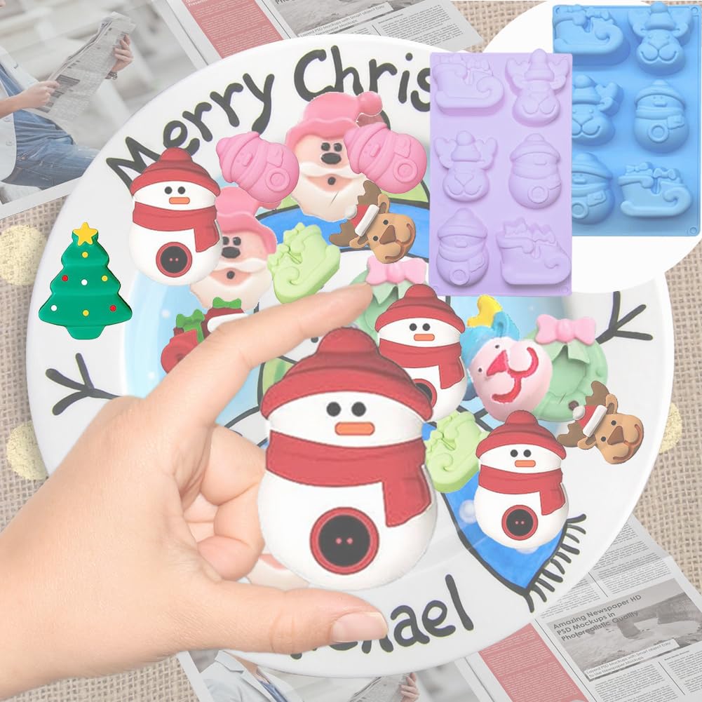 Molde De Silicona Para Jabones Navideños | 2 Piezas (Azul Y Morado) | Formas De Papá Noel, Reno, Muñeco De Nieve | Para Hornear Y Proyectos DIY