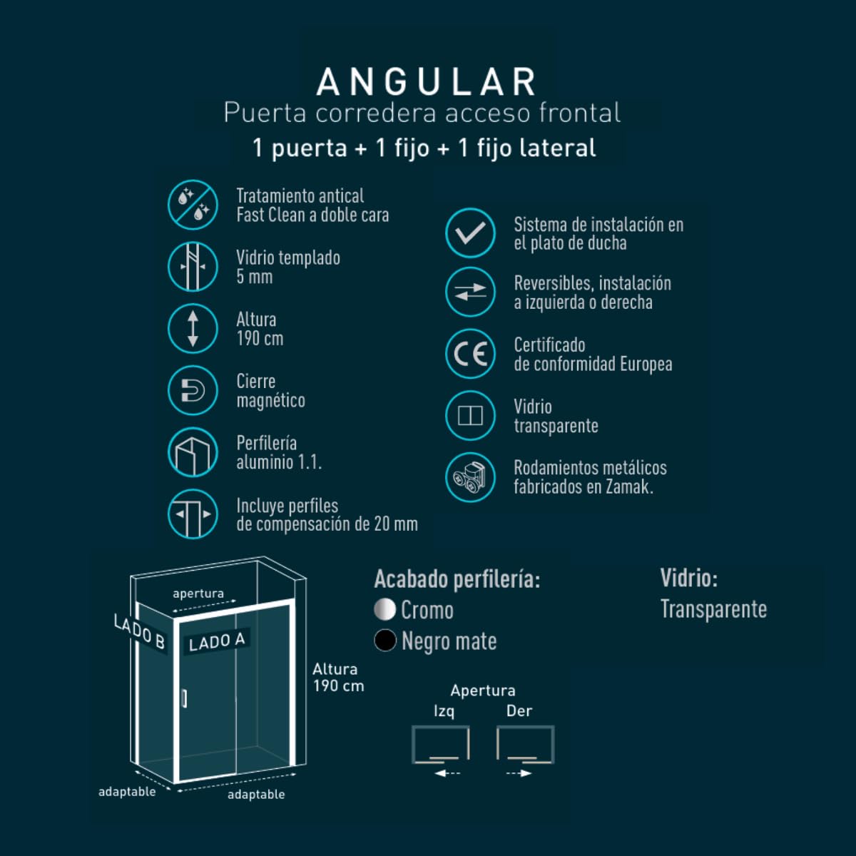 Mampara Ducha Rectangular Frontal Corredera 1 Puerta 1 Fijo | Cristal Templado 5mm Transparente | Perfil Negro 115cm (Adaptable 113,7-117,7cm) X 70cm